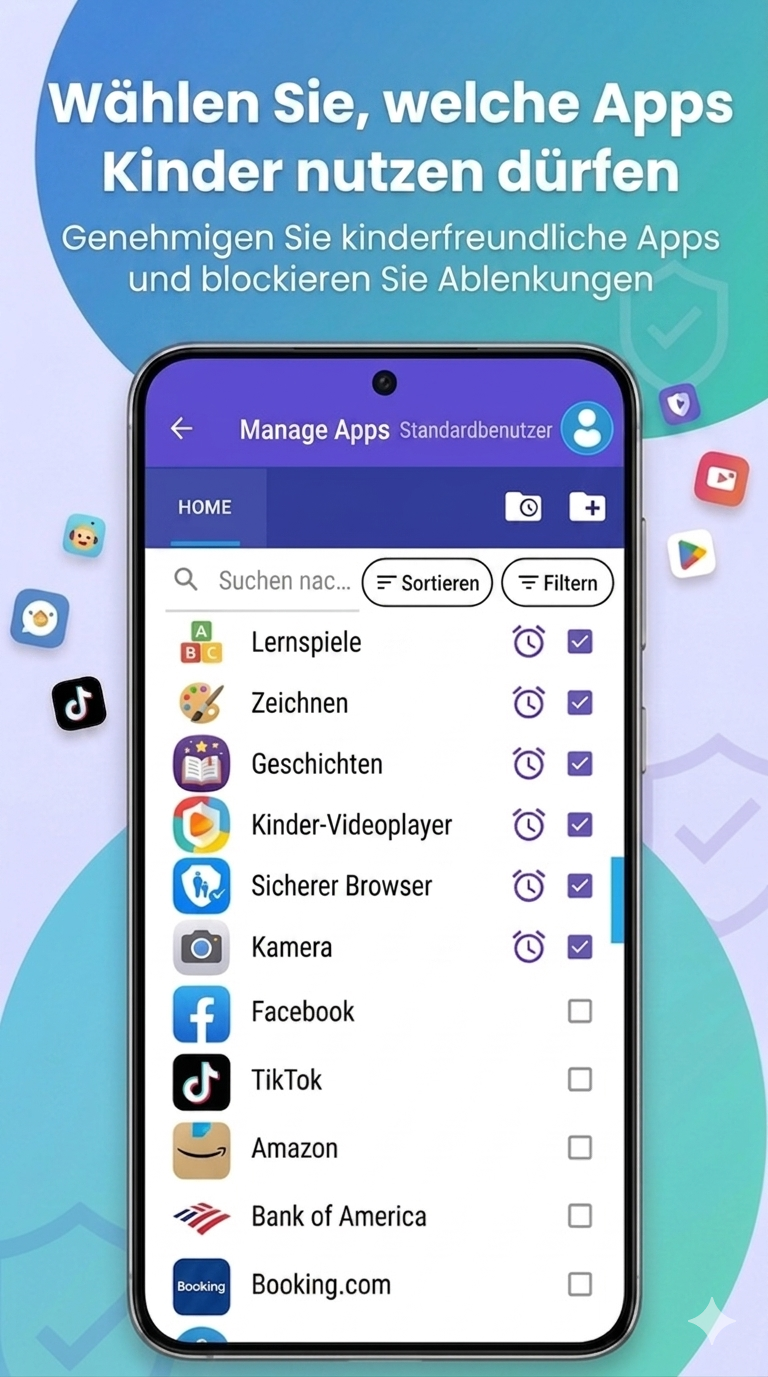 App-Auswahl in Kids Place: erlaubte Apps freigeben und andere blockieren
