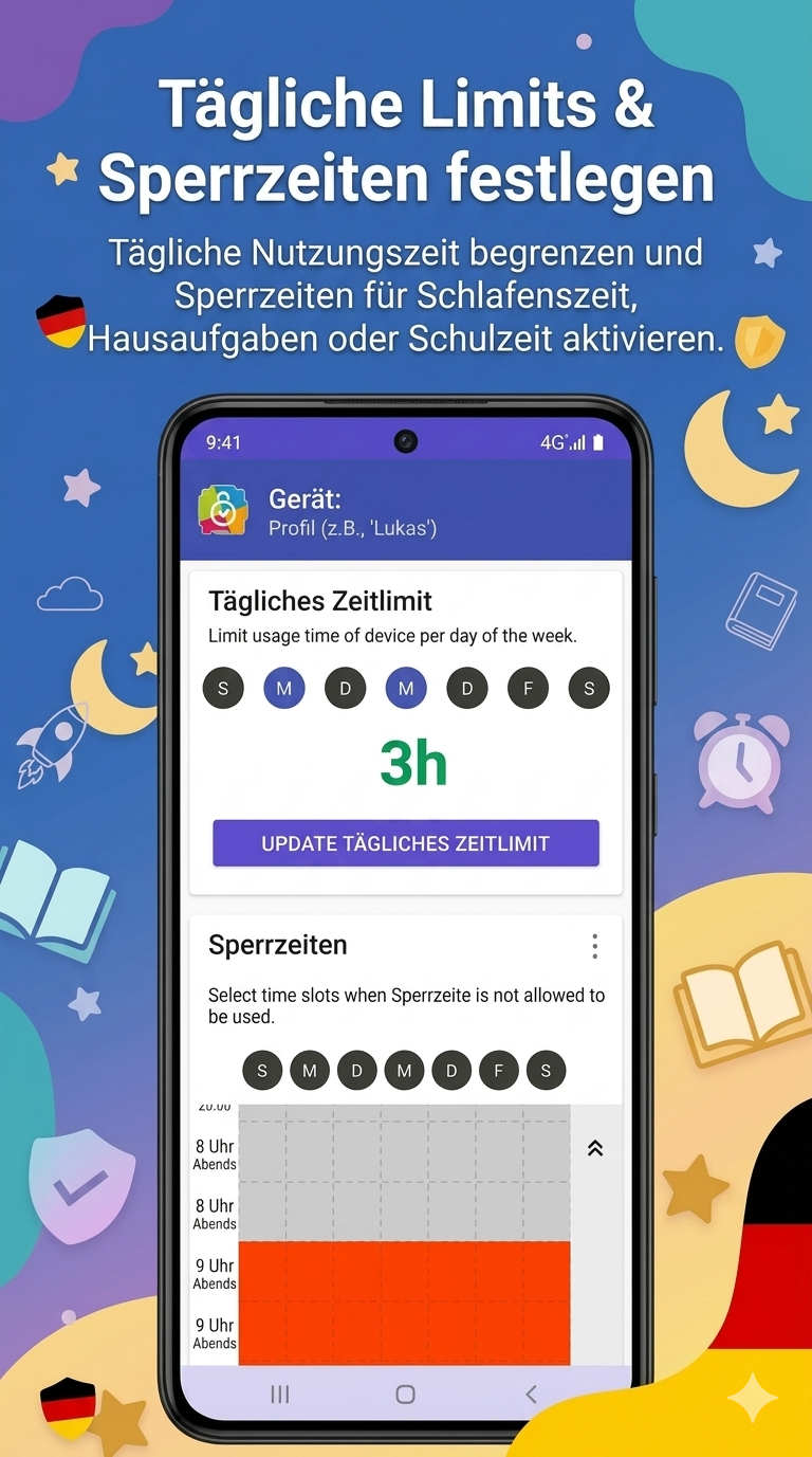 Bildschirmzeit in Kids Place: tägliche Limits und Sperrzeiten festlegen